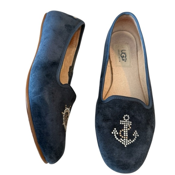 UGG Navy Blue Alloway Crystal Bow Flats Nautical Anchor Slip On Velvet Size 6 - Picture 5 of 11